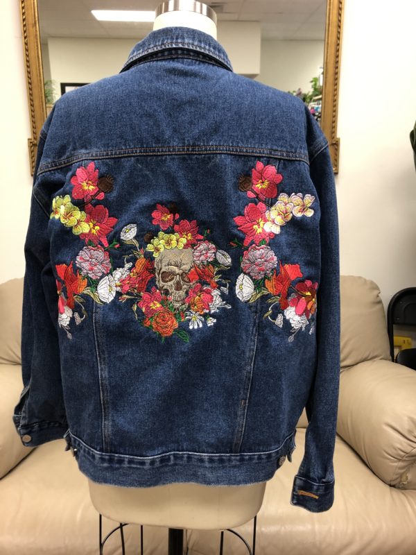 Embroidered Floral Skull Denim Jacket 5252