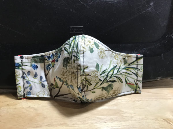 Tan Floral Print Mask with Green, Blue Foliage & a Hint of Red